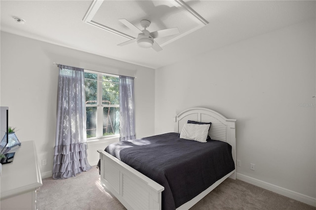 bedroom with light colored carpet and ceiling fan