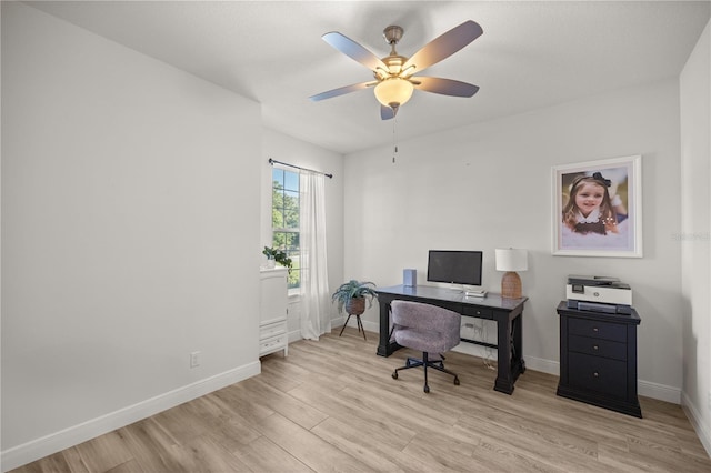 office space featuring ceiling fan and light hardwood / wood-style flooring