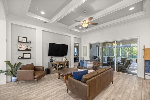 living room featuring ceiling fan, light hardwood / wood-style flooring, beamed ceiling, and crown molding