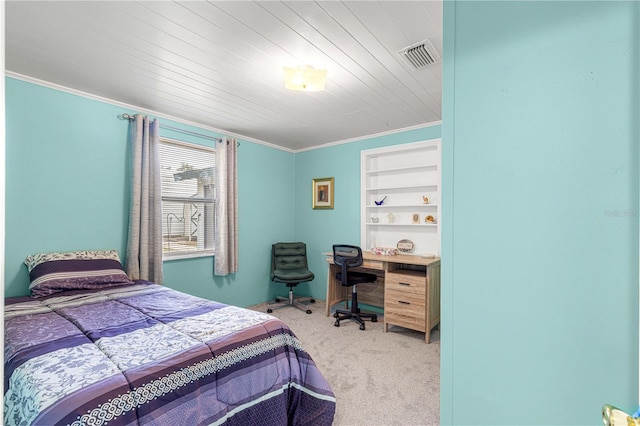 carpeted bedroom featuring wooden ceiling and crown molding