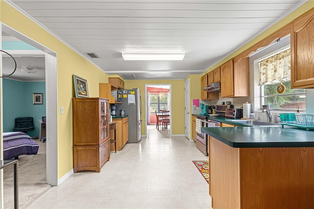 kitchen with stainless steel appliances, sink, crown molding, and plenty of natural light