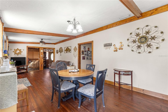 dining area with dark hardwood / wood-style flooring, beamed ceiling, a textured ceiling, and ceiling fan with notable chandelier