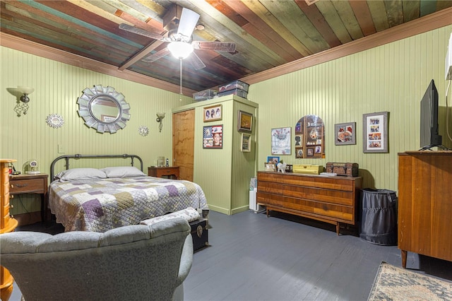 bedroom featuring ornamental molding, hardwood / wood-style floors, ceiling fan, and wood ceiling