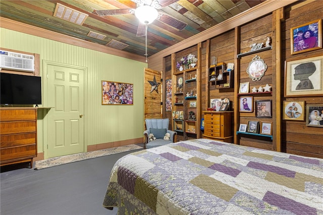 bedroom featuring ornamental molding, wood walls, a wall mounted air conditioner, and ceiling fan