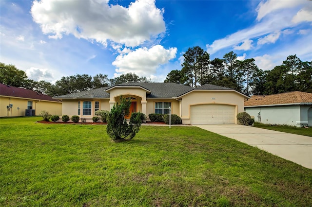 ranch-style home with a garage, central air condition unit, and a front lawn