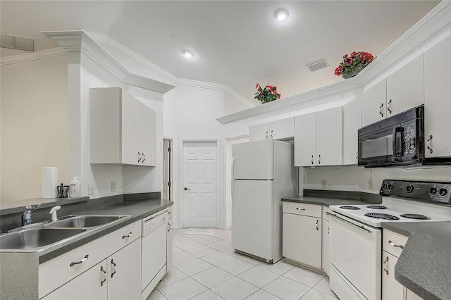 kitchen featuring white cabinets, sink, white appliances, and crown molding