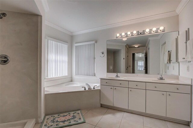 bathroom featuring vanity, tile patterned floors, crown molding, and plus walk in shower