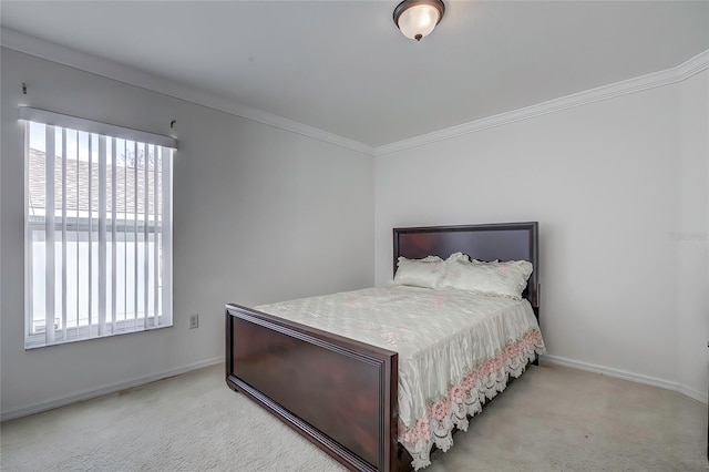 carpeted bedroom with ornamental molding