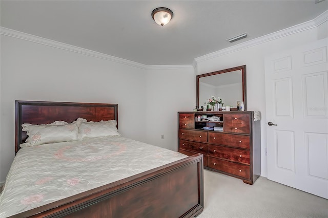 carpeted bedroom with crown molding