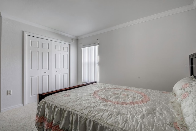 carpeted bedroom with a closet and crown molding