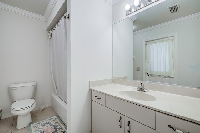 full bathroom with tile patterned floors, ornamental molding, vanity, shower / bath combo, and toilet