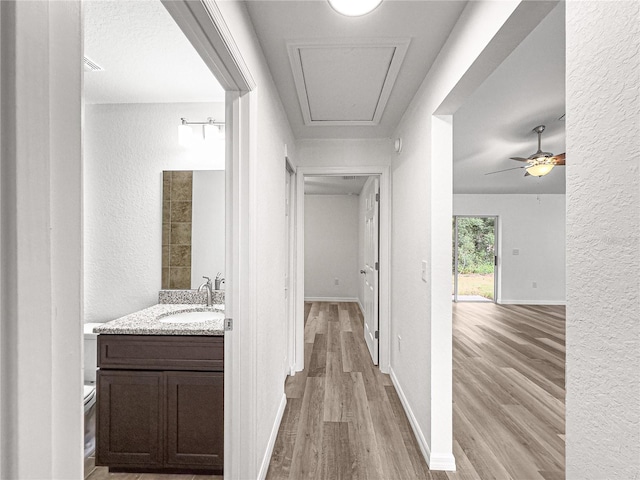 corridor with sink and light hardwood / wood-style floors