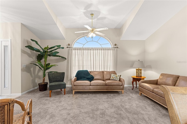 living room featuring ceiling fan, light carpet, and lofted ceiling