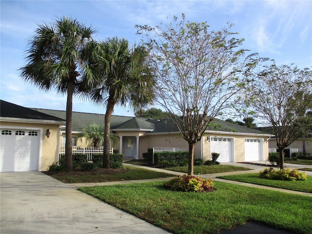 ranch-style house featuring a front yard and a garage