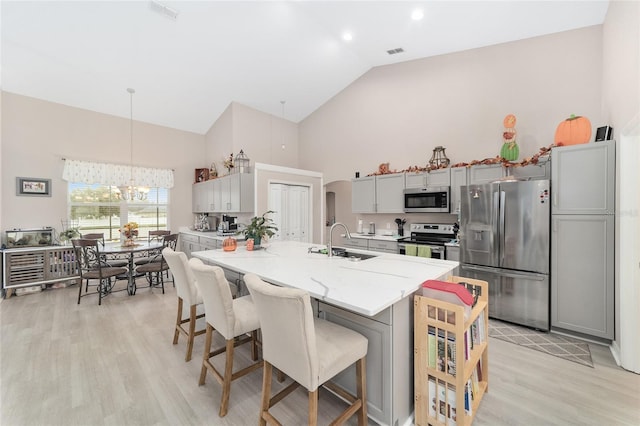 kitchen with light hardwood / wood-style floors, stainless steel appliances, sink, gray cabinetry, and pendant lighting