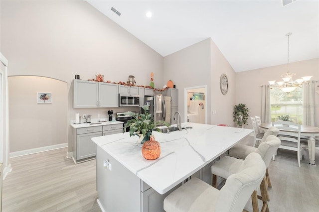 kitchen with stainless steel appliances, a kitchen island with sink, high vaulted ceiling, light wood-type flooring, and decorative light fixtures