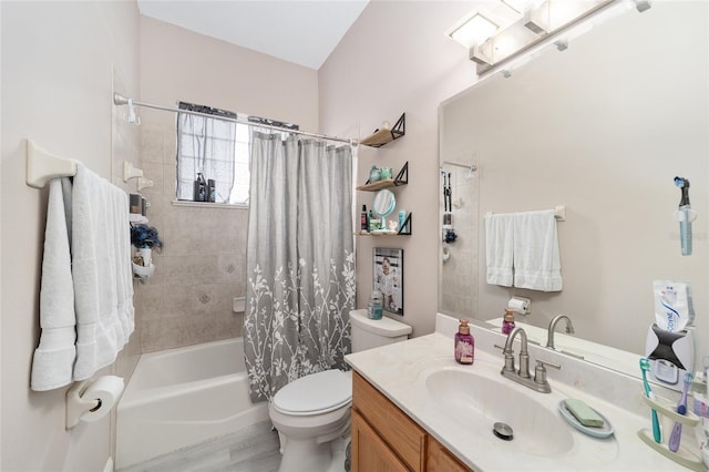 full bathroom featuring wood-type flooring, shower / bath combination with curtain, toilet, and vanity