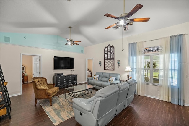 living room featuring dark wood-type flooring, high vaulted ceiling, and ceiling fan