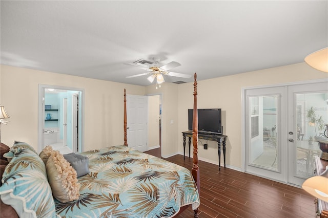 bedroom featuring ensuite bath, ceiling fan, dark hardwood / wood-style floors, french doors, and access to outside