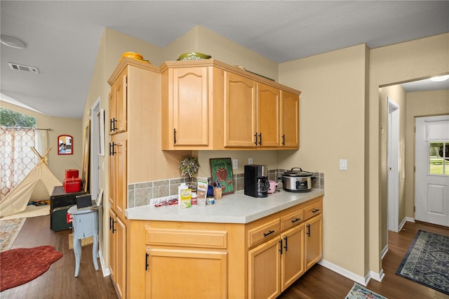 kitchen featuring dark hardwood / wood-style flooring, light brown cabinetry, and a wealth of natural light