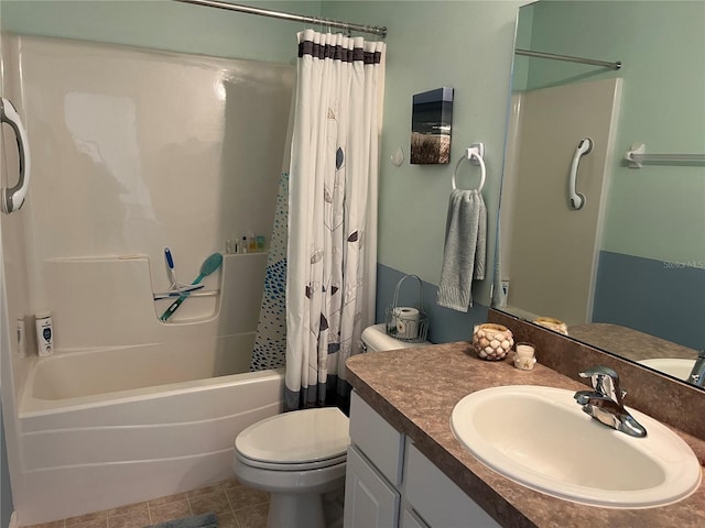 full bathroom with toilet, vanity, shower / bath combination with curtain, and tile patterned flooring