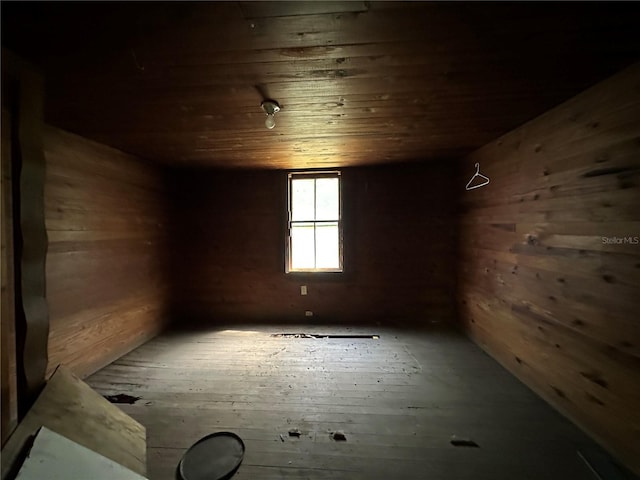 empty room with wood walls and wood ceiling