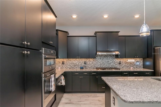 kitchen with decorative backsplash, pendant lighting, stainless steel appliances, and light hardwood / wood-style flooring