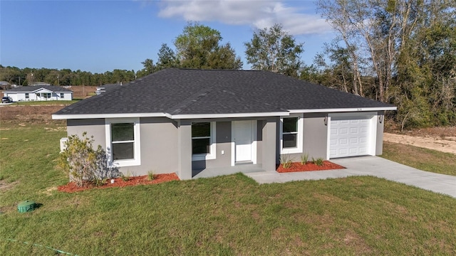 single story home featuring an attached garage, driveway, a front lawn, and stucco siding