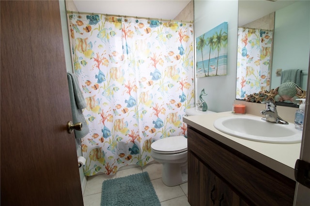 full bathroom featuring toilet, shower / bath combination with curtain, vanity, and tile patterned floors