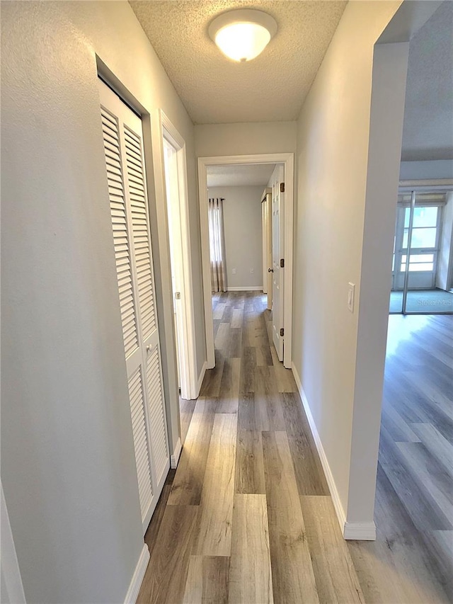 hall with light wood-type flooring and a textured ceiling