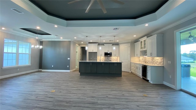 kitchen with white cabinets, ornamental molding, a raised ceiling, and a spacious island