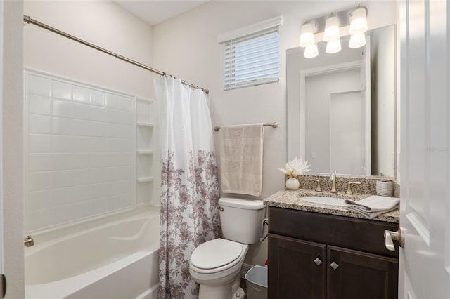 full bathroom featuring toilet, shower / tub combo, and vanity