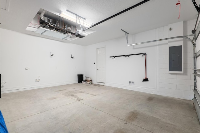 garage featuring electric panel and a garage door opener