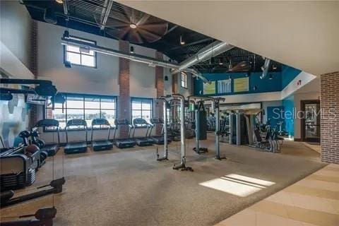 exercise room with a high ceiling and plenty of natural light