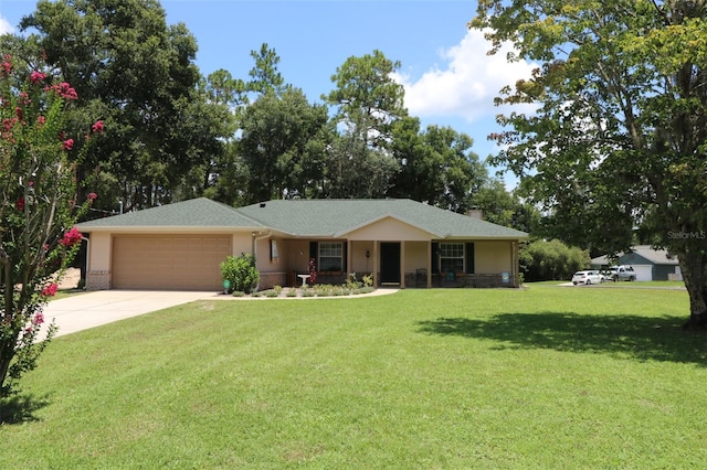 ranch-style home with a garage and a front lawn