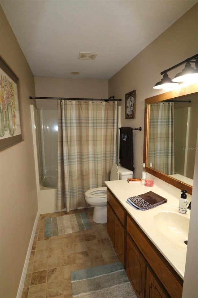 full bathroom with toilet, shower / bath combo, and vanity