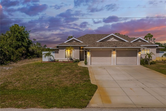 single story home featuring concrete driveway, stucco siding, a front lawn, an attached garage, and a shingled roof