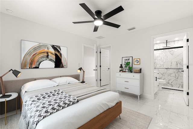 bedroom featuring ceiling fan and connected bathroom