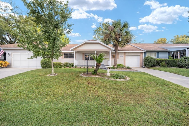 ranch-style home with a front lawn, a garage, and a porch