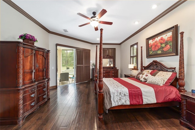 bedroom with access to exterior, ceiling fan, dark hardwood / wood-style flooring, and ornamental molding