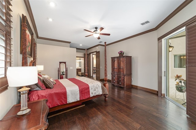 bedroom with ceiling fan, dark wood-type flooring, access to outside, and multiple windows