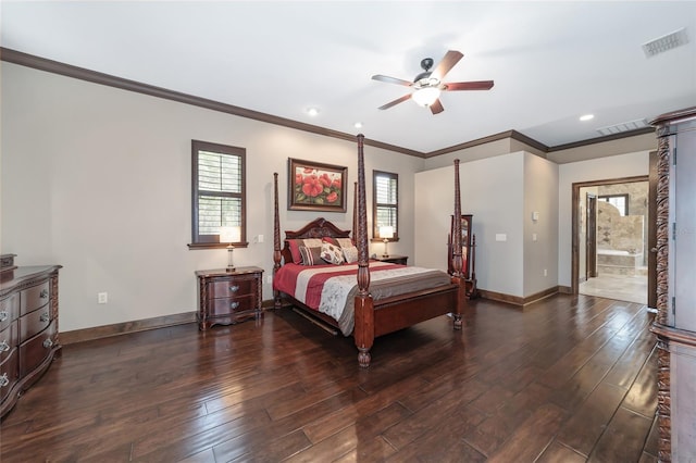 bedroom with ceiling fan, dark hardwood / wood-style flooring, ensuite bathroom, and crown molding