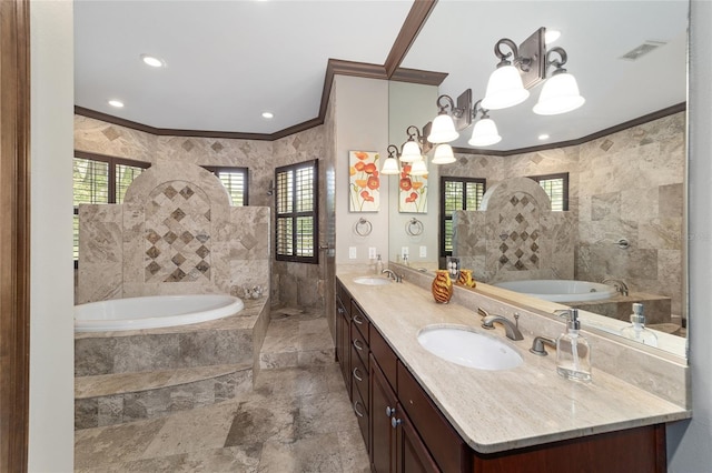 bathroom with an inviting chandelier, crown molding, shower with separate bathtub, vanity, and tile walls