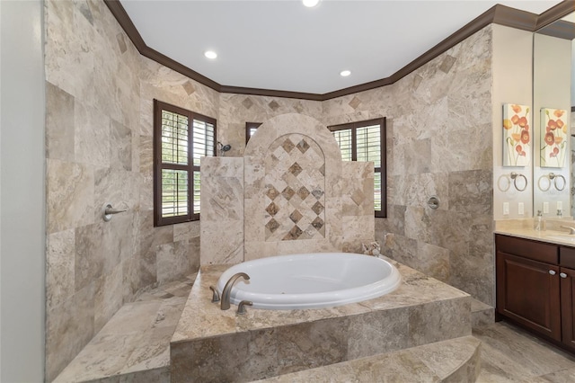 bathroom featuring plus walk in shower, vanity, tile walls, and ornamental molding