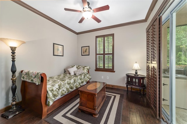 bedroom featuring multiple windows, ceiling fan, dark hardwood / wood-style floors, and ornamental molding