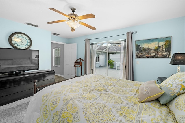 bedroom featuring access to outside and ceiling fan