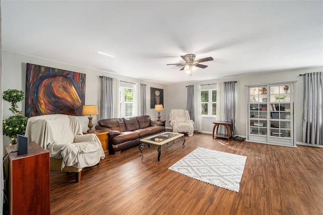 living room with a wealth of natural light, ceiling fan, and wood-type flooring