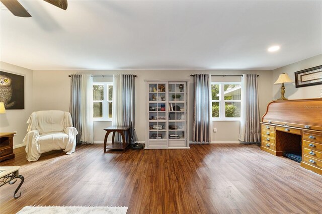 living area featuring hardwood / wood-style floors and ceiling fan