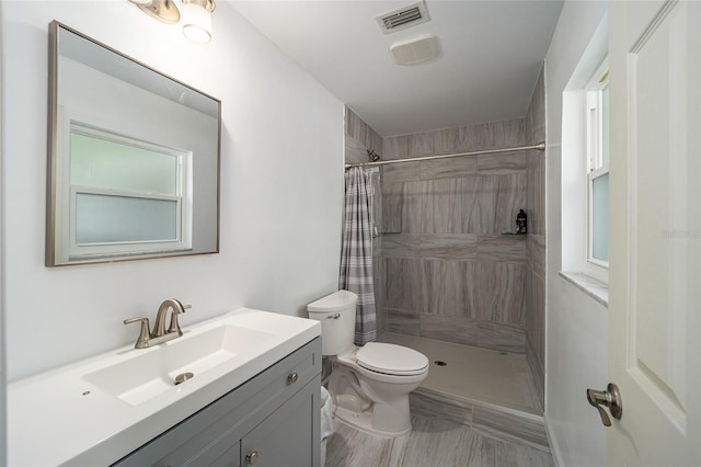 bathroom featuring vanity, toilet, and walk in shower