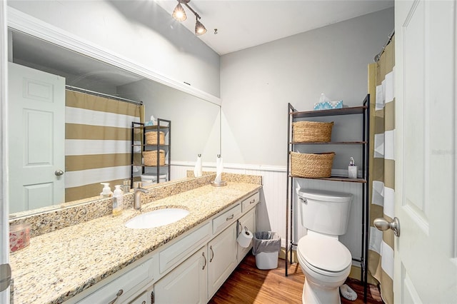 bathroom featuring vanity, toilet, wood-type flooring, and curtained shower